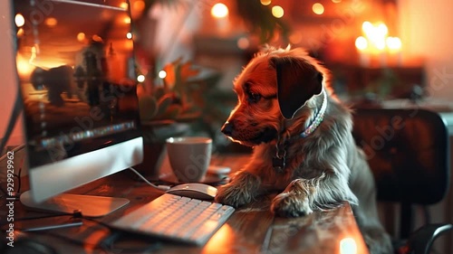 Doggy Deskmate: A heartwarming scene of a furry friend working from home, perched on a desk beside a computer with a warm glow.  Perfect for themes of companionship, work-life balance, and the joys of photo