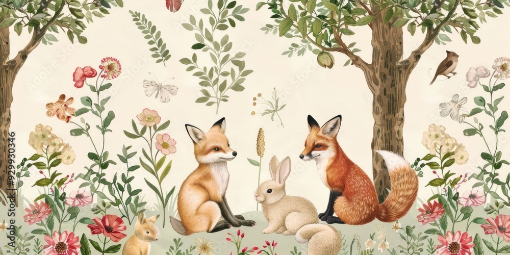 Obraz premium Two Foxes and a Rabbit in a Spring Forest