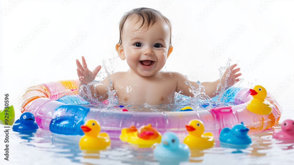 A baby swimming joyfully in a small, colorful kiddie pool, set against a white background. A baby swimming joyfully in a small, colorful kiddie pool, set against a white background.
