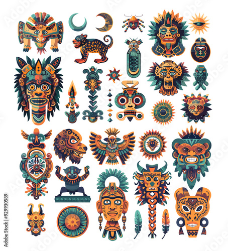 Mexican totems cartoon vector collection. Cougar lion beetle skull fiend mayan aztec masks talismans tribal religious motifs ethnic ornaments ancient culture, isolated artworks