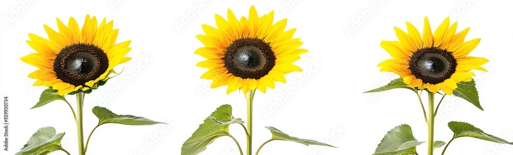 Obraz premium Detailed close-up view of three sunflowers in bloom, isolated over a transparent background