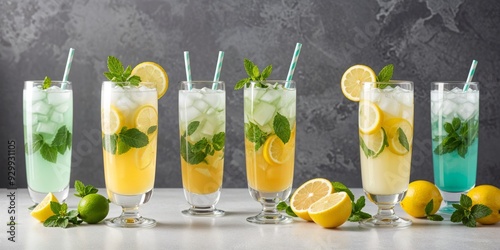 Refreshing summer drinks array: six tall glasses with lemonade and mint variations. Iced beverages garnished with lemon, lime, and mint. Classic to mint-infused cocktails on gray background. photo