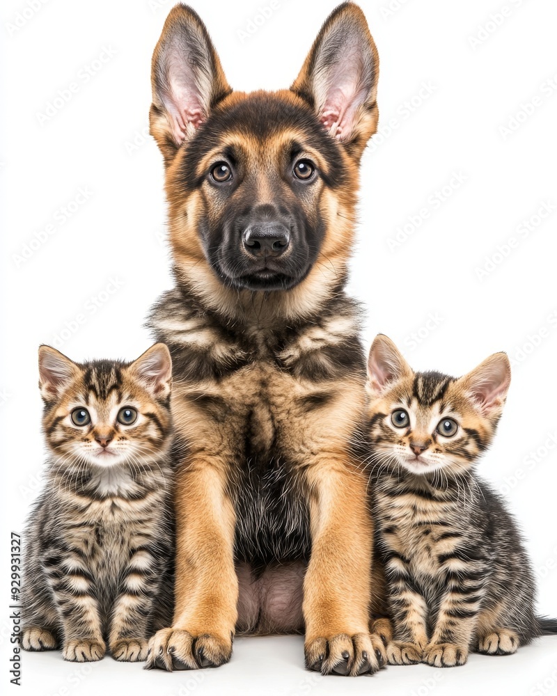 Fototapeta premium Isolated on a transparent background, two little German shepherd puppies and kittens sitting together as friendship animals