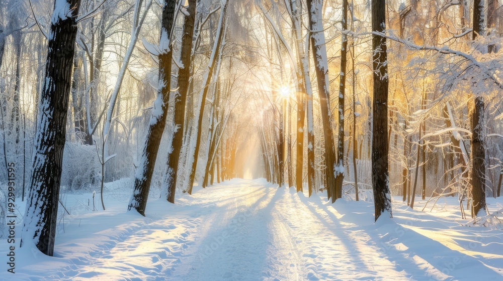 Snowy Morning Landscape with Frosty Trees and Clear Sky