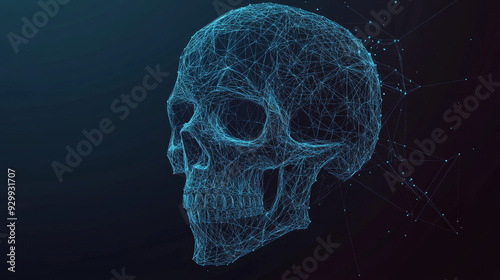 Skull vector illustration created with thin lines interwoven in a network, featuring a grungy halftone effect and low poly line art. 