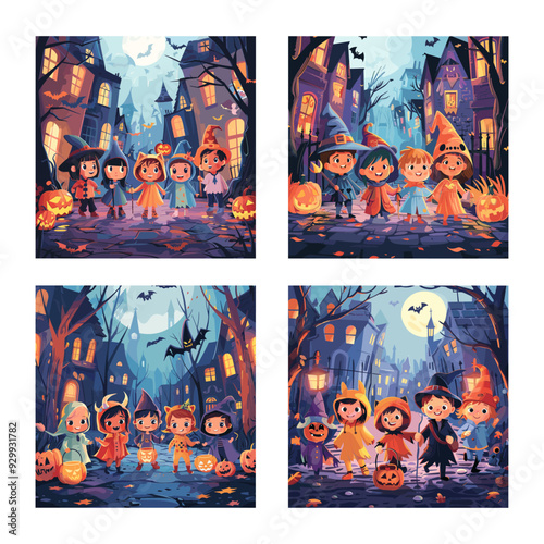 Monster costumes children cartoon vector scenes. Boys girls masquerade pumpkin trees bats moon streets around city walking bad things kids sweets begging halloween festive concepts