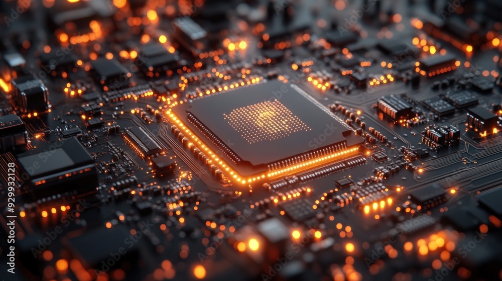 Close-up of a computer processor glowing in orange with circuit board Close-up of a computer processor glowing in orange with circuit board
