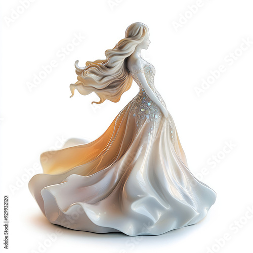 3D porcelain figurine of a beautiful girl in a vanilla-white flowing dress, isolated on a white background. A resource for creativity, a template, a decorative element for presentations of festive dre