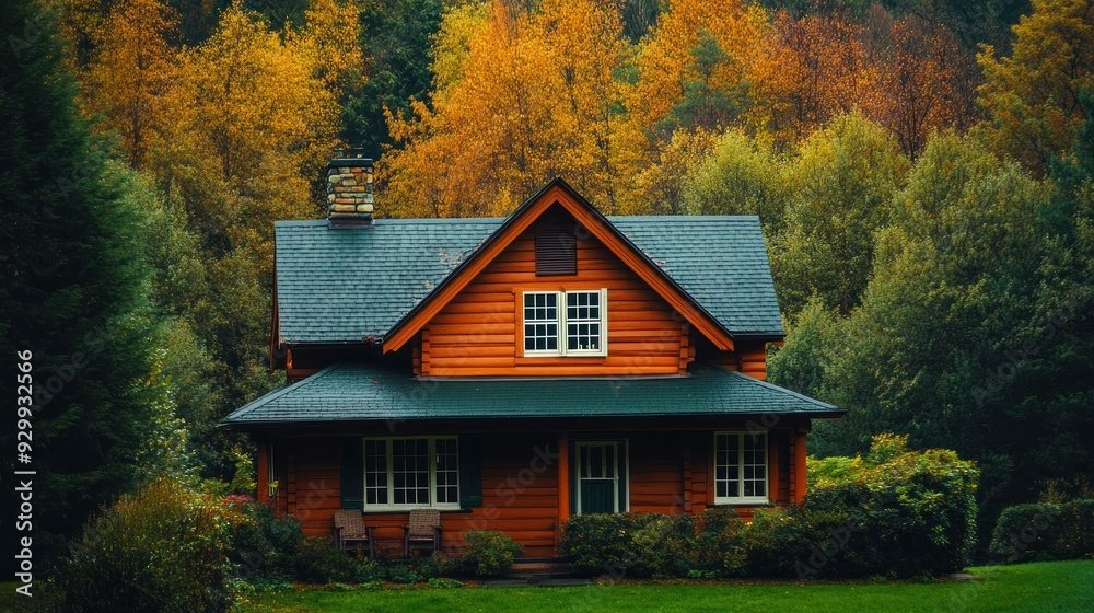 A cozy wooden cabin nestled in a lush forest with vibrant autumn foliage.
