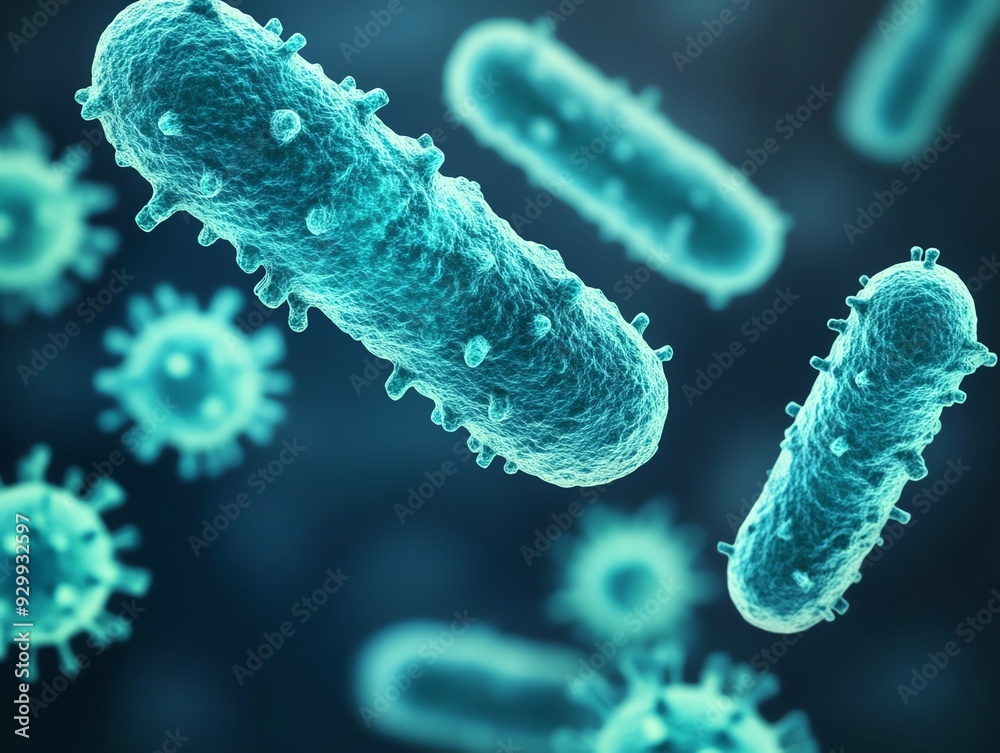Fototapeta premium Microscopic view of germs, including viruses and bacteria, causing contamination, Germ, Microbe Virus Bacteria