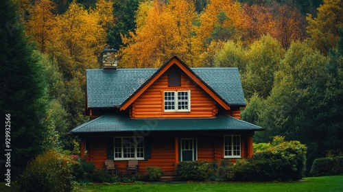 A cozy wooden cabin nestled in a lush forest with vibrant autumn foliage.