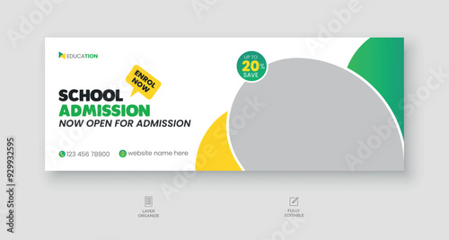 School admission facebook cover design, back-to-school social media banner, online education banner ads template. photo