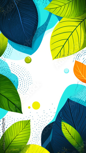 Illustration of summer leaves on colorful background, summer sale vertical banner with copy space in center. Perfect for use in banners, advertisements, web design, instagram, social media