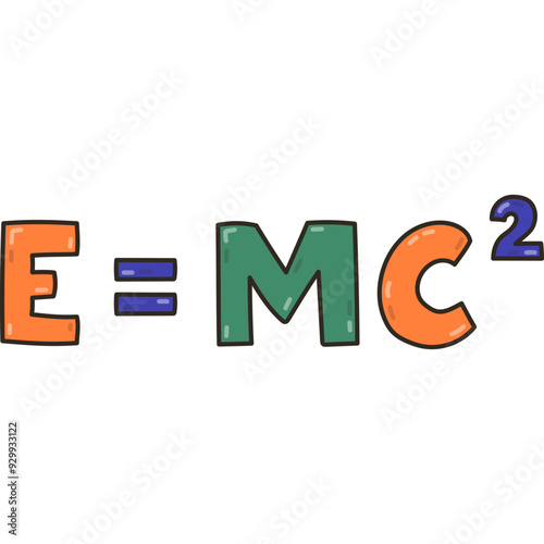 Cute doodle lettering of physical formula. Concept of back to school. E equals MC squared. Hand drawn outline clipart isolated on white.