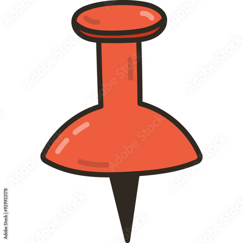 Cute doodle push pin with plastic red top and needle. Thumbtack, pointer, fixation button head for attaching paper to notice and cork board. Hand drawn office and school stationery outline clipart.