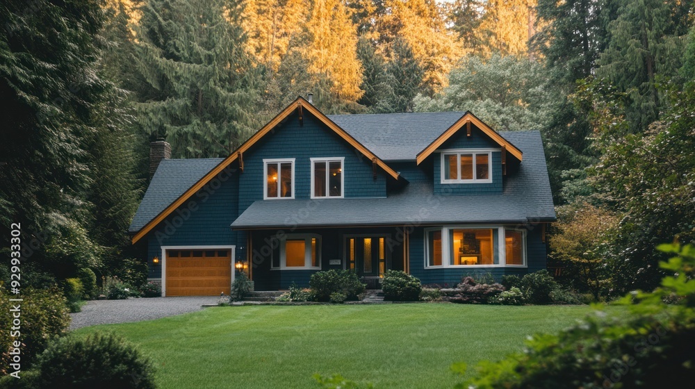 A modern, blue house with a large front yard, surrounded by lush green trees. A modern, blue house with a large front yard, surrounded by lush green trees.