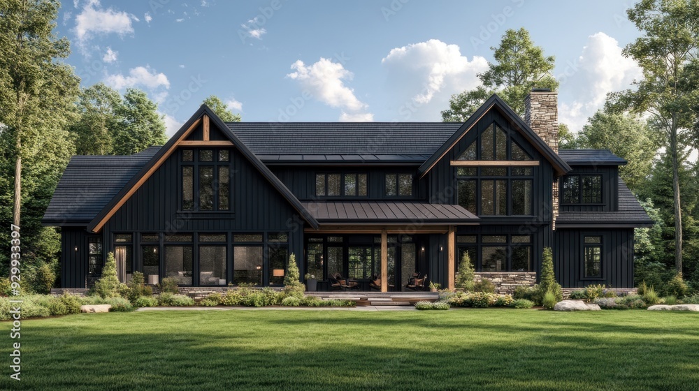 Modern black house with large windows and a stone chimney. The house is surrounded by a lush green lawn and trees. There is a stone patio with chairs and a table in front of the house.