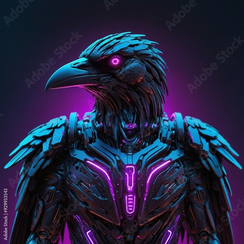 Abstract neon light Cyborg Raven Corvus corax, glowing space background photo