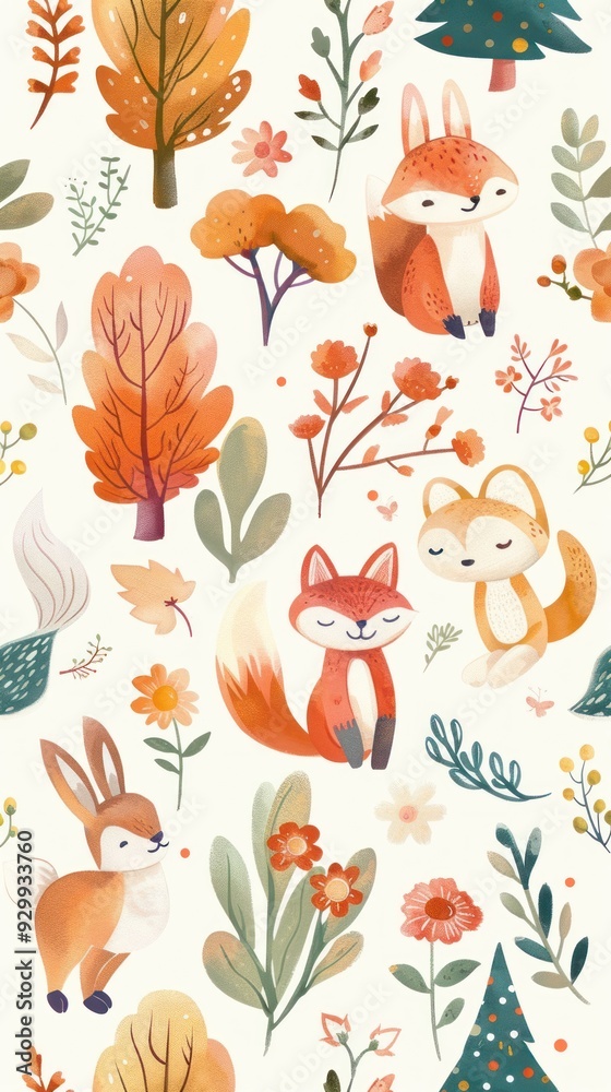 Cute Animals and Autumn Trees Seamless Pattern Cute Animals and Autumn Trees Seamless Pattern
