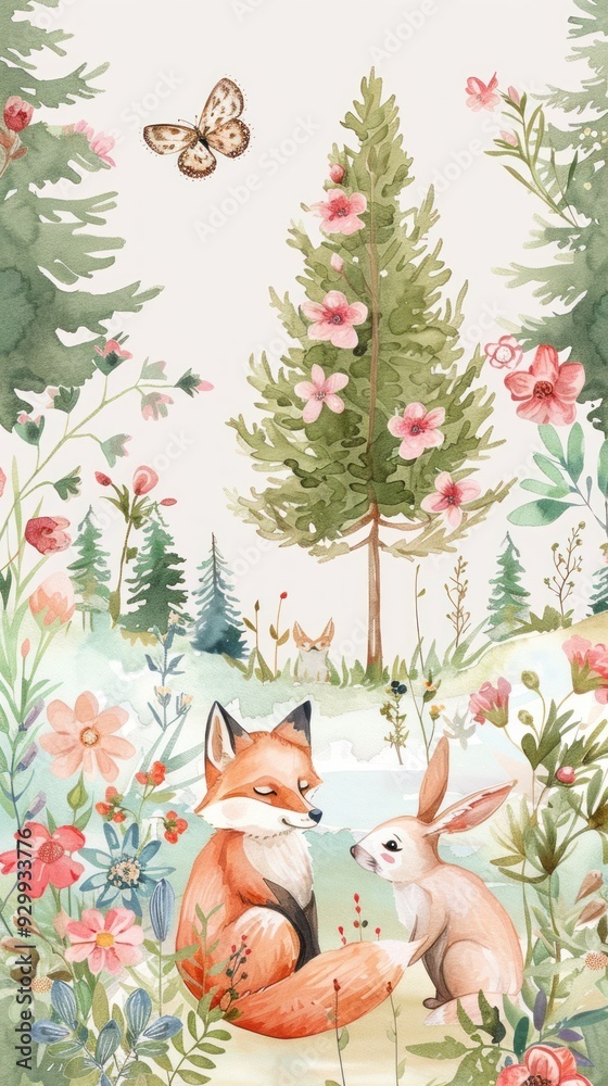 Naklejka premium Watercolor Illustration of a Fox and a Bunny in a Floral Forest