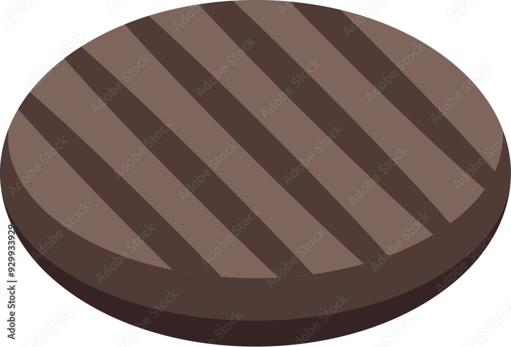 Round, cooked burger patty is laying on its side, showing off its appetizing grill marks Round, cooked burger patty is laying on its side, showing off its appetizing grill marks