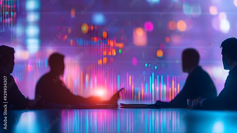 Silhouettes of Business People Meeting with Neon Lights Silhouettes of Business People Meeting with Neon Lights