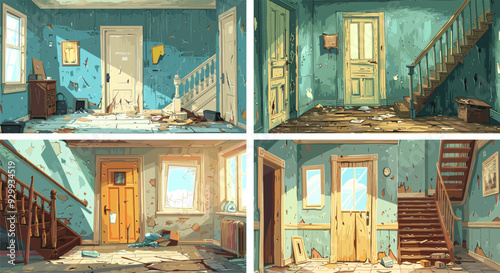 Old deserted house cartoon vector concepts. Abandon entrance staircase window walls damaged furnishings fissures blemishes wreckage destruction clutter empty interior illustrations