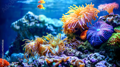 Vibrant Coral Reef with Colorful Anemones and Fish photo