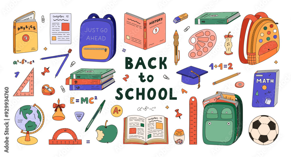 Big colourful doodle back to school set with kids school supplies. Hand drawn collection of schoolbag, textbook, globe, cute stationery, soccer ball. Childish clipart for study, work with outline. Big colourful doodle back to school set with kids school supplies. Hand drawn collection of schoolbag, textbook, globe, cute stationery, soccer ball. Childish clipart for study, work with outline.