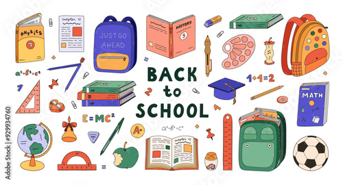 Big colourful doodle back to school set with kids school supplies. Hand drawn collection of schoolbag, textbook, globe, cute stationery, soccer ball. Childish clipart for study, work with outline.