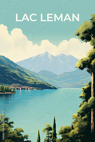 Lac Leman vintage travel poster. Vacation in beautiful France and Switzerland