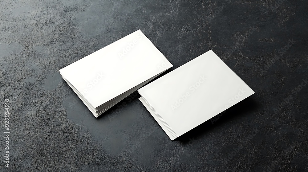Two blank white business cards on a black textured surface. Two blank white business cards on a black textured surface.