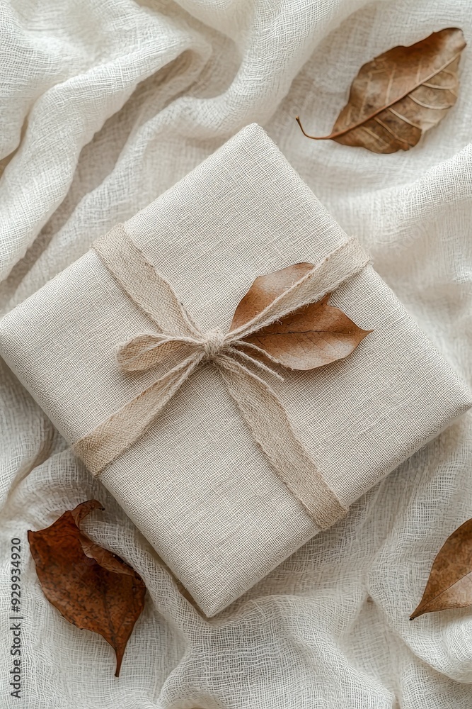 Gift Wrapped in Natural Fabric with Dried Leaves Gift Wrapped in Natural Fabric with Dried Leaves