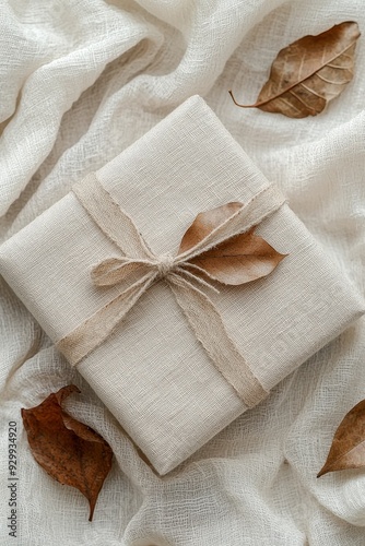 Gift Wrapped in Natural Fabric with Dried Leaves