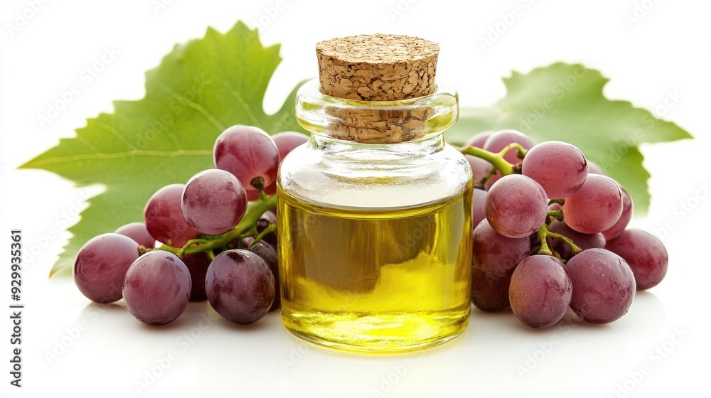Fresh Grapes and Grape Seed Oil in Glass Bottle with Cork Stopper on White Background Fresh Grapes and Grape Seed Oil in Glass Bottle with Cork Stopper on White Background