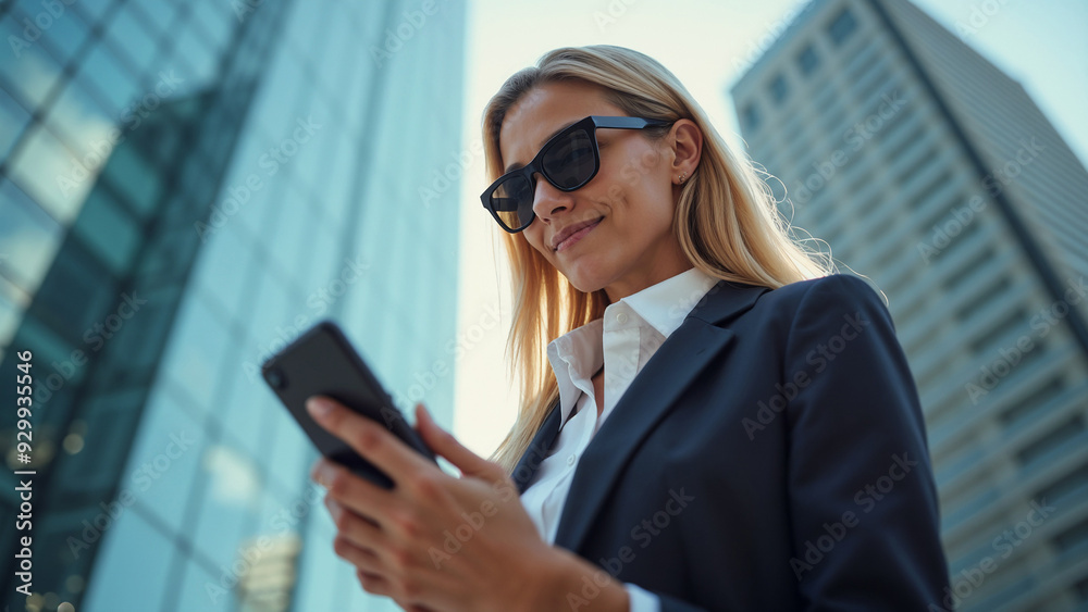Business girl in sunglasses holding phone in hand against city skyscrapers background Business girl in sunglasses holding phone in hand against city skyscrapers background