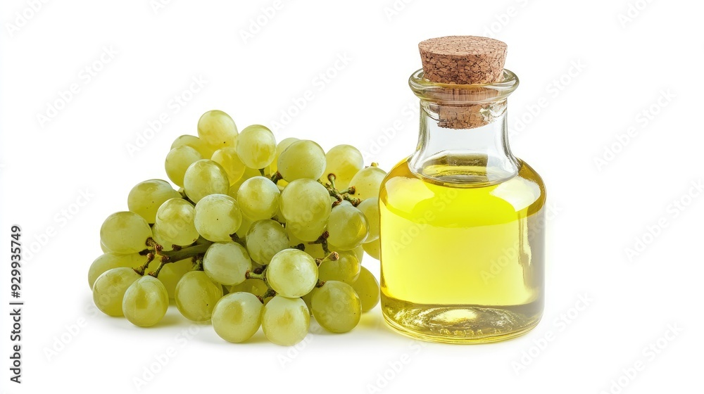 Fresh Green Grapes with a Bottle of Grape Seed Oil Isolated on White Background Fresh Green Grapes with a Bottle of Grape Seed Oil Isolated on White Background