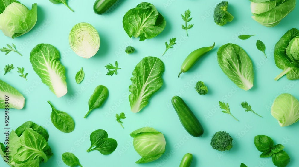 A green background with a variety of vegetables including broccoli, cucumbers and lettuce A green background with a variety of vegetables including broccoli, cucumbers and lettuce