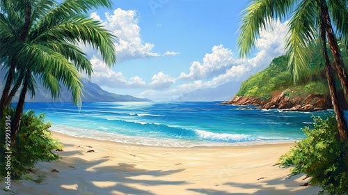 painting of a tropical beach scene with palm trees and a blue ocean