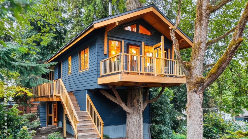 A blue and wooden treehouse with a balcony and a staircase. A blue and wooden treehouse with a balcony and a staircase.