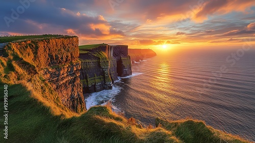 Sunset at Cliffs of Moher, County Clare, Munster province, Republic of , Europe.  photo