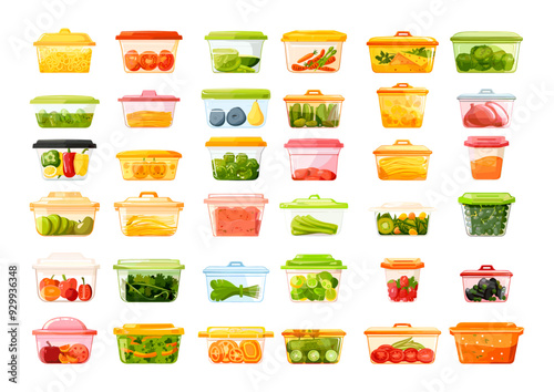 Plastic meal containers cartoon vector collection. Airtight fruits veggie salad noodles broth bento boxes cooking tools preservation crisp isolated artworks on white backdrop.