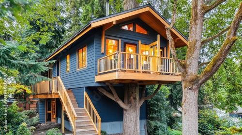 A blue and wooden treehouse with a balcony and a staircase.