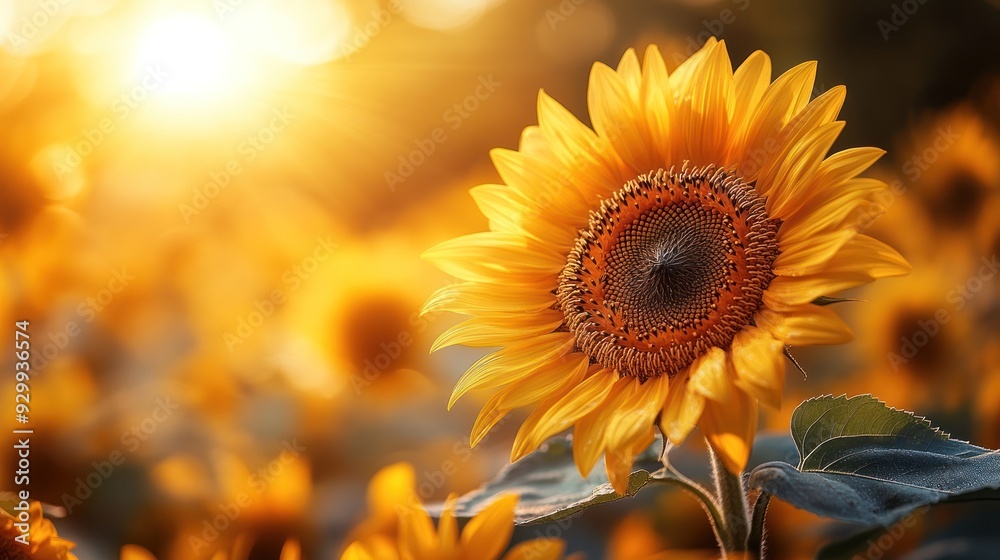 Fototapeta premium Sunlit Sunflower in a Field of Golden Blooms