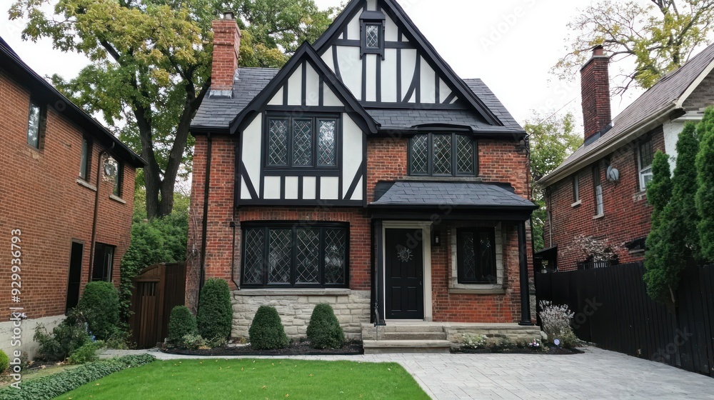 A charming Tudor-style home with black window frames, a brick exterior, and a slate roof. The home has a small front yard with a manicured lawn and stone pathway. A charming Tudor-style home with black window frames, a brick exterior, and a slate roof. The home has a small front yard with a manicured lawn and stone pathway.
