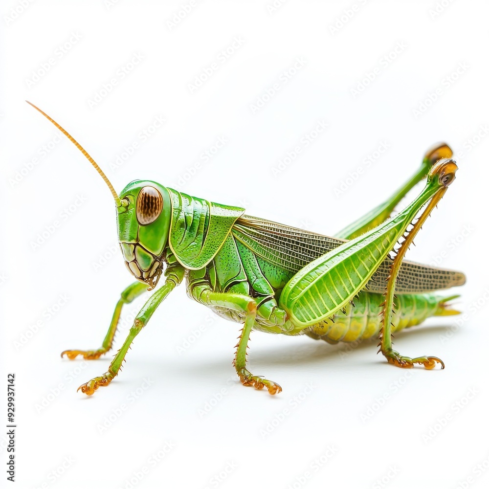 An isolated white background shows the full body of a grasshopper close up An isolated white background shows the full body of a grasshopper close up