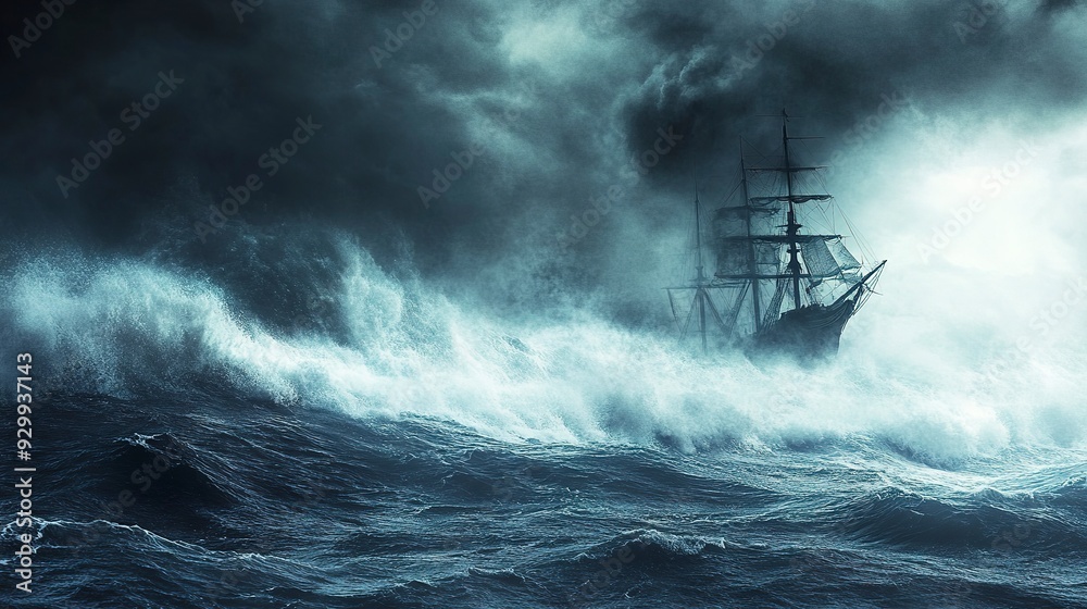 Fototapeta premium Stormy Sea with Massive Waves and Ghost Ship Emerging from Mist - Nightmarish Ocean Scene