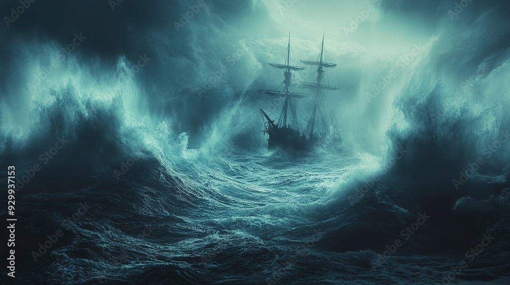 Stormy Sea with Massive Waves and Ghost Ship Emerging from Mist - Nightmarish Ocean Scene Stormy Sea with Massive Waves and Ghost Ship Emerging from Mist - Nightmarish Ocean Scene