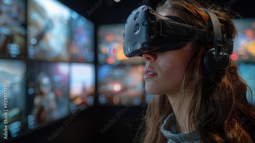 Woman immersed in virtual reality experience wearing VR headset with multiple screens in the background in a futuristic setting. Woman immersed in virtual reality experience wearing VR headset with multiple screens in the background in a futuristic setting.