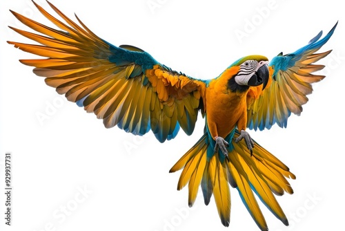 The blue macaw is flying in the nature against a transparent background